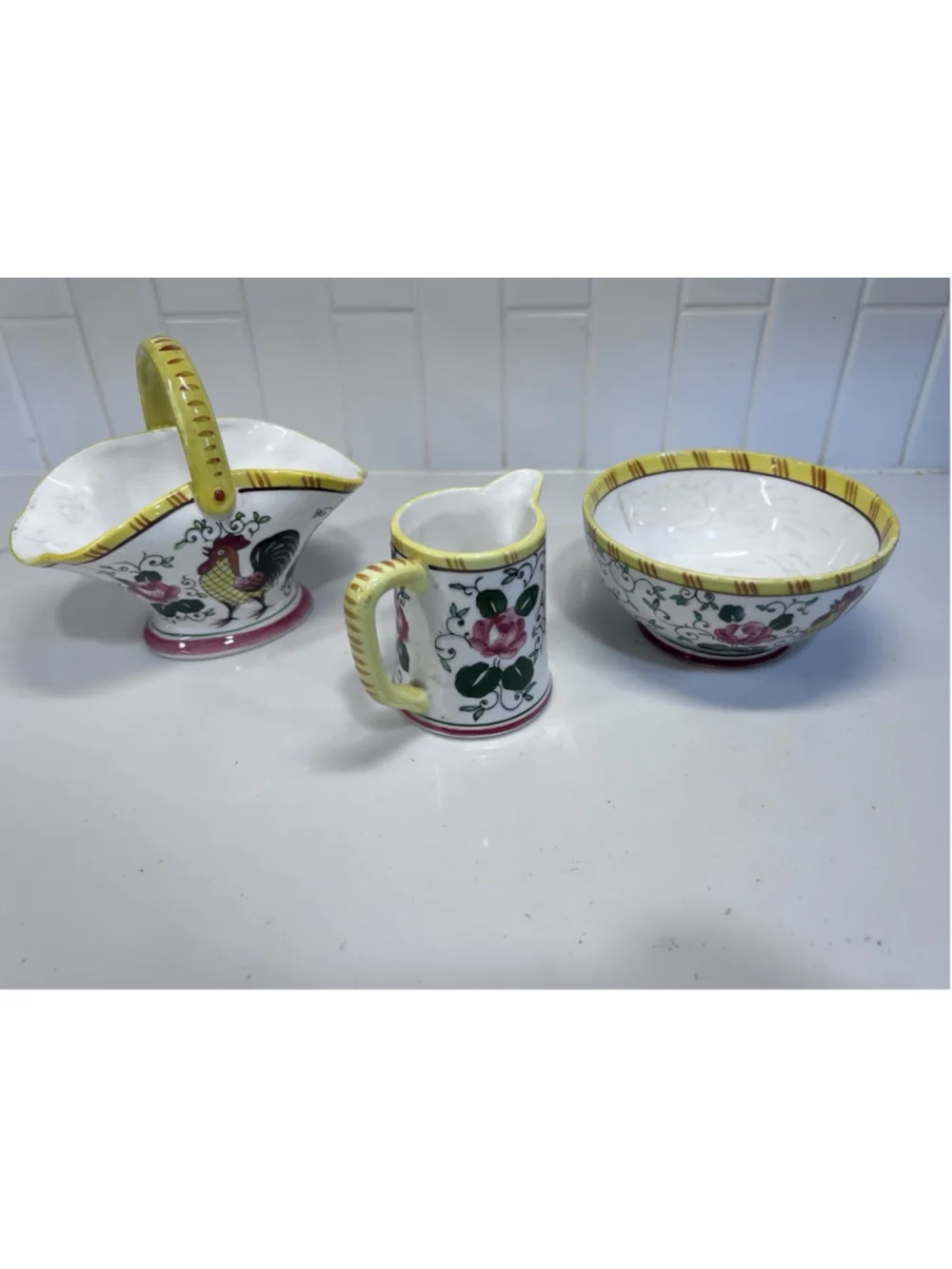 Vintage Ucagco Early Provincial Rooster And Roses Pitcher Basket & Bowl